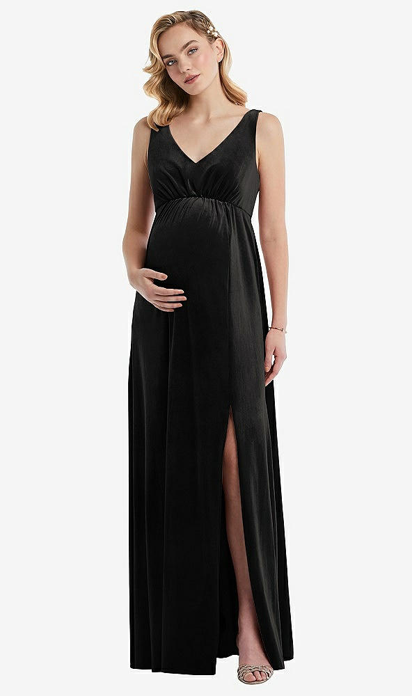 Front View - Black V-Neck Closed-Back Velvet Maternity Dress with Pockets