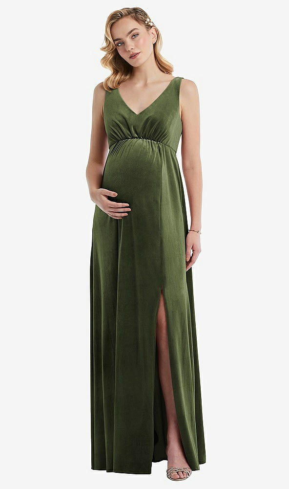 Front View - Olive Green V-Neck Closed-Back Velvet Maternity Dress with Pockets