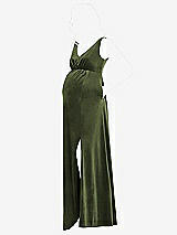 Side View Thumbnail - Olive Green V-Neck Closed-Back Velvet Maternity Dress with Pockets