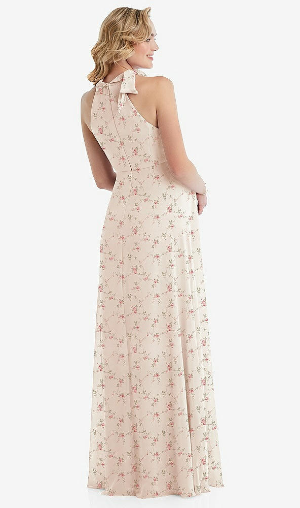 Back View - Coquette Floral Print Scarf Tie High Neck Halter Chiffon Maternity Dress