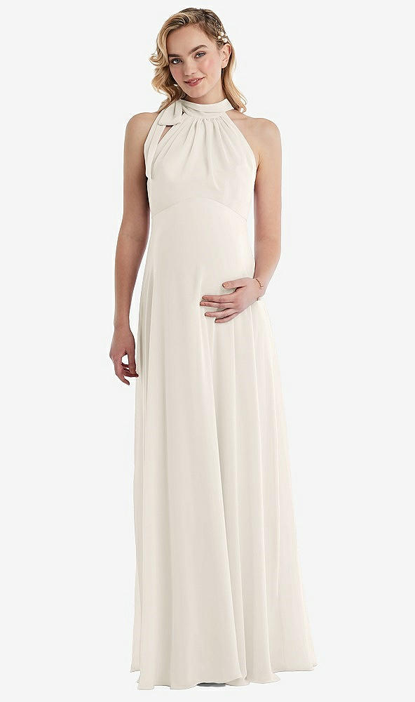 Front View - Ivory Scarf Tie High Neck Halter Chiffon Maternity Dress