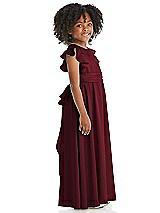 Side View Thumbnail - Cabernet Ruffle Flutter Sleeve Whisper Satin Flower Girl Dress