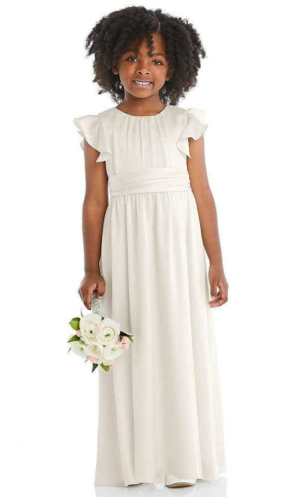 Front View - Ivory Ruffle Flutter Sleeve Whisper Satin Flower Girl Dress