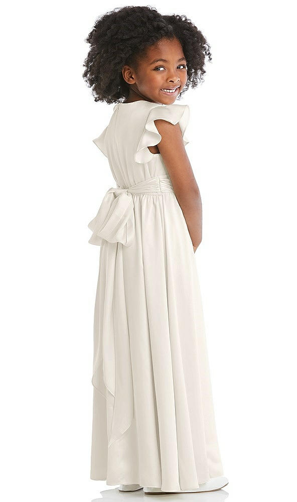 Back View - Ivory Ruffle Flutter Sleeve Whisper Satin Flower Girl Dress