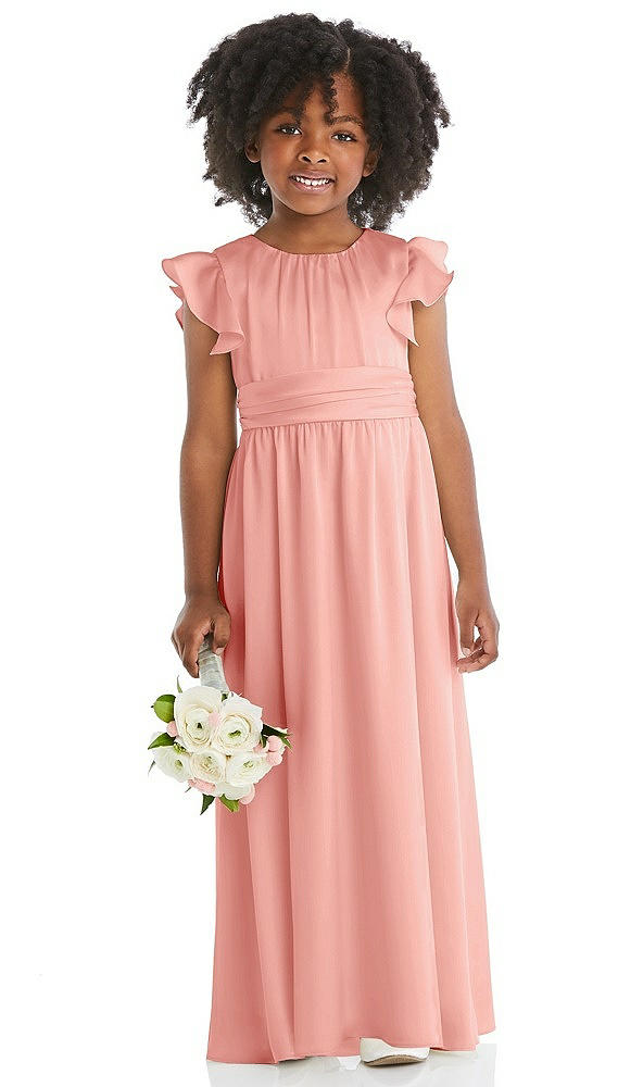 Front View - Rose Ruffle Flutter Sleeve Whisper Satin Flower Girl Dress