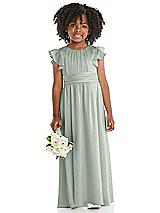 Front View Thumbnail - Willow Green Ruffle Flutter Sleeve Whisper Satin Flower Girl Dress
