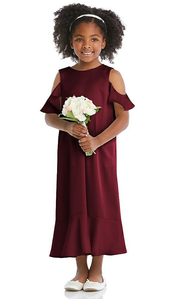 Front View - Cabernet Ruffled Cold Shoulder Flower Girl Dress