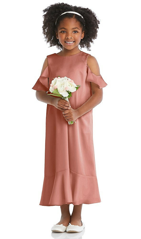 Front View - Desert Rose Ruffled Cold Shoulder Flower Girl Dress