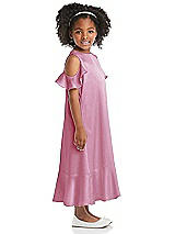 Side View Thumbnail - Powder Pink Ruffled Cold Shoulder Flower Girl Dress