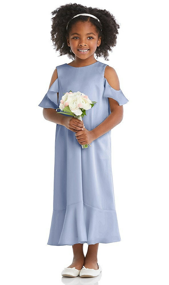 Front View - Sky Blue Ruffled Cold Shoulder Flower Girl Dress