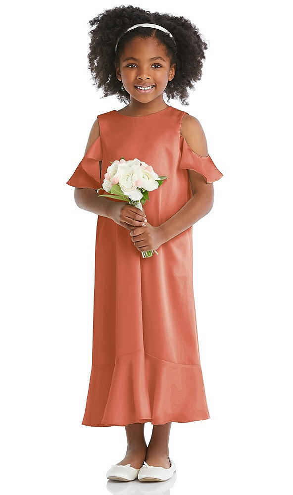 Front View - Terracotta Copper Ruffled Cold Shoulder Flower Girl Dress