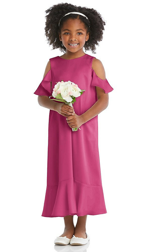 Front View - Tea Rose Ruffled Cold Shoulder Flower Girl Dress