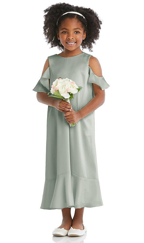 Front View - Willow Green Ruffled Cold Shoulder Flower Girl Dress