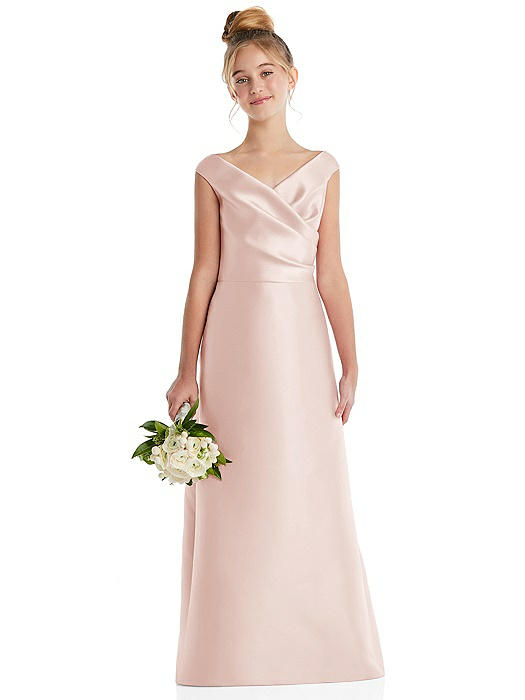 Off-the-Shoulder Draped Wrap Satin Junior Bridesmaid Dress