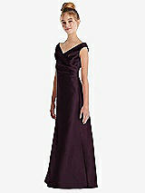 Side View Thumbnail - Deep Plum Off-the-Shoulder Draped Wrap Satin Junior Bridesmaid Dress