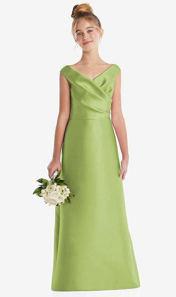 Front View - Mojito Off-the-Shoulder Draped Wrap Satin Junior Bridesmaid Dress
