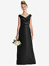 Front View Thumbnail - Black Off-the-Shoulder Draped Wrap Satin Junior Bridesmaid Dress