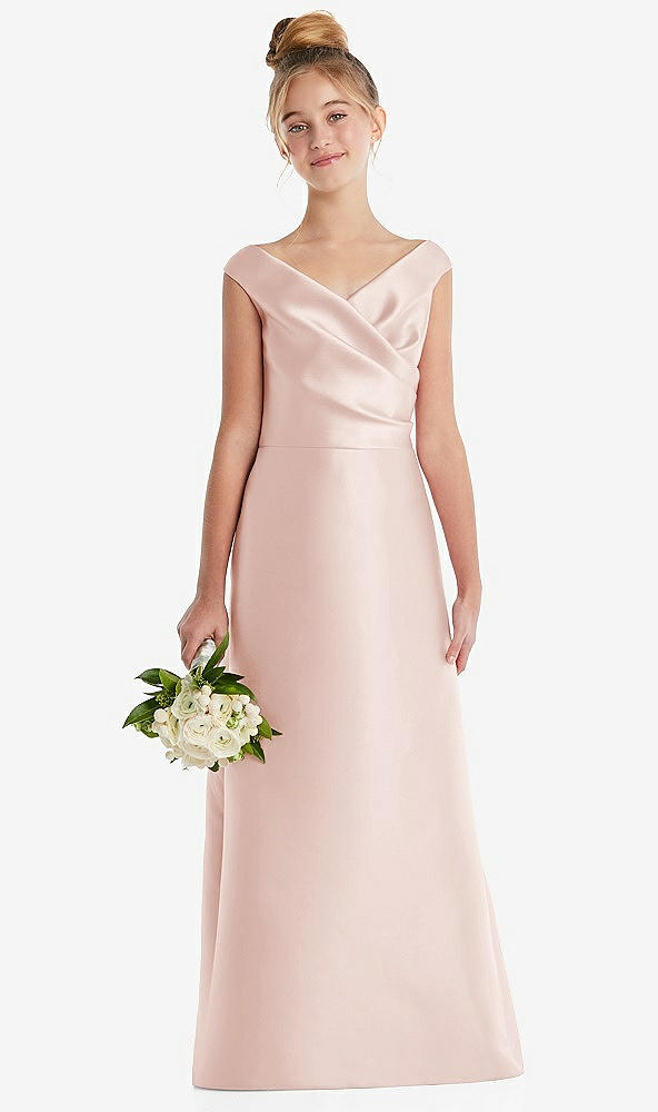 Front View - Blush Off-the-Shoulder Draped Wrap Satin Junior Bridesmaid Dress