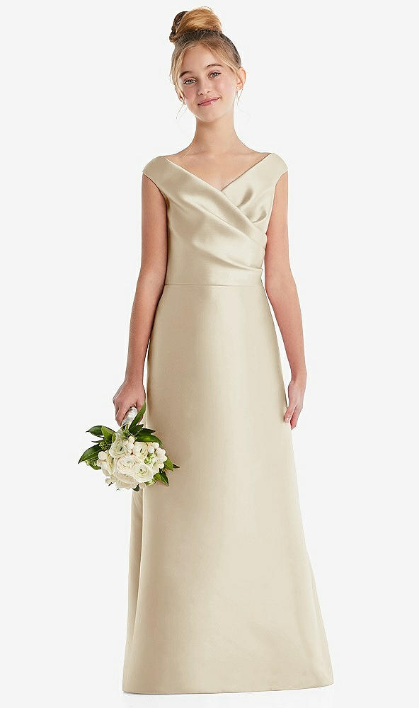 Front View - Champagne Off-the-Shoulder Draped Wrap Satin Junior Bridesmaid Dress