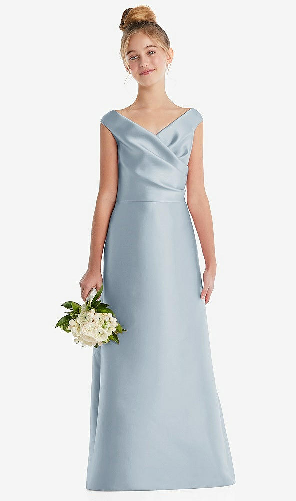 Front View - Mist Off-the-Shoulder Draped Wrap Satin Junior Bridesmaid Dress
