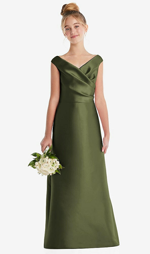 Front View - Olive Green Off-the-Shoulder Draped Wrap Satin Junior Bridesmaid Dress