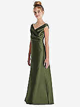 Side View Thumbnail - Olive Green Off-the-Shoulder Draped Wrap Satin Junior Bridesmaid Dress