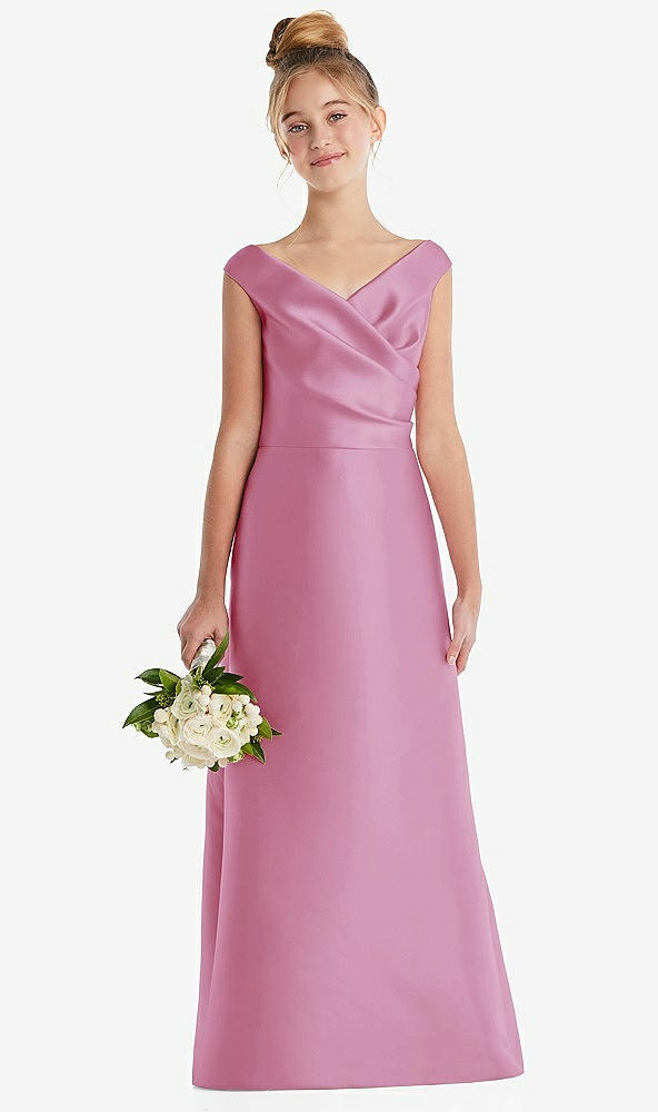 Front View - Powder Pink Off-the-Shoulder Draped Wrap Satin Junior Bridesmaid Dress