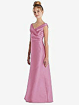 Side View Thumbnail - Powder Pink Off-the-Shoulder Draped Wrap Satin Junior Bridesmaid Dress