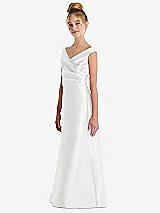 Side View Thumbnail - White Off-the-Shoulder Draped Wrap Satin Junior Bridesmaid Dress