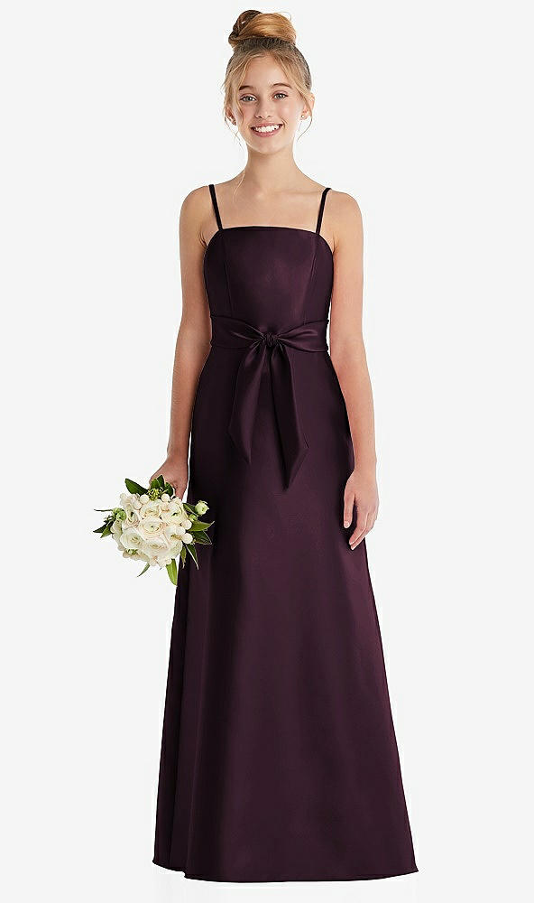 Front View - Deep Plum Spaghetti Strap Satin Junior Bridesmaid Dress with Mini Sash