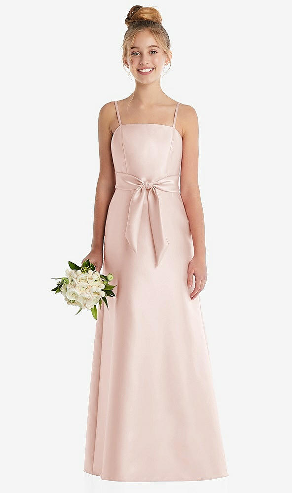 Front View - Blush Spaghetti Strap Satin Junior Bridesmaid Dress with Mini Sash