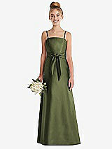 Front View Thumbnail - Olive Green Spaghetti Strap Satin Junior Bridesmaid Dress with Mini Sash