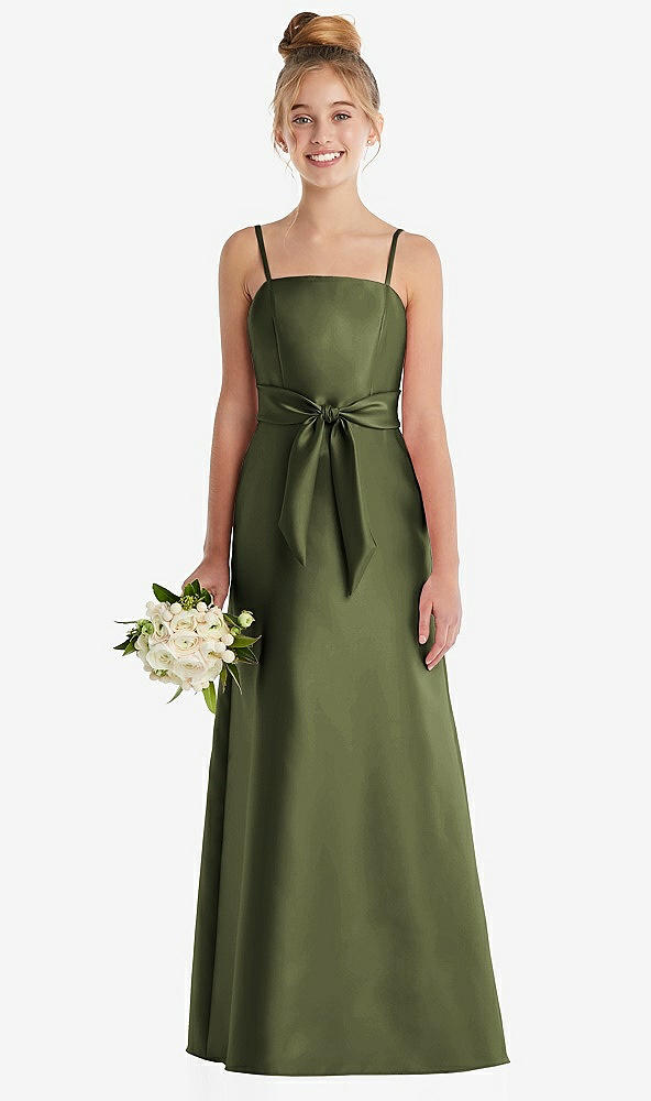Front View - Olive Green Spaghetti Strap Satin Junior Bridesmaid Dress with Mini Sash