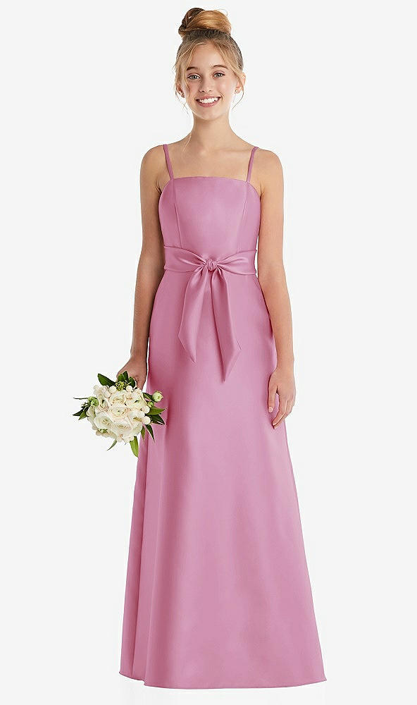 Front View - Powder Pink Spaghetti Strap Satin Junior Bridesmaid Dress with Mini Sash