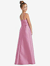 Rear View Thumbnail - Powder Pink Spaghetti Strap Satin Junior Bridesmaid Dress with Mini Sash