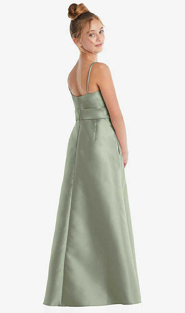 Back View - Sage Spaghetti Strap Satin Junior Bridesmaid Dress with Mini Sash