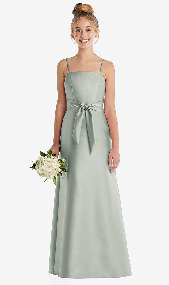 Front View - Willow Green Spaghetti Strap Satin Junior Bridesmaid Dress with Mini Sash