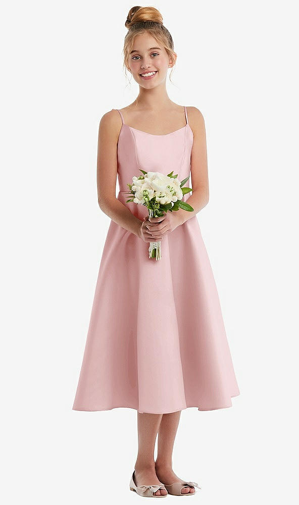 Front View - Ballet Pink Adjustable Spaghetti Strap Satin Midi Junior Bridesmaid Dress