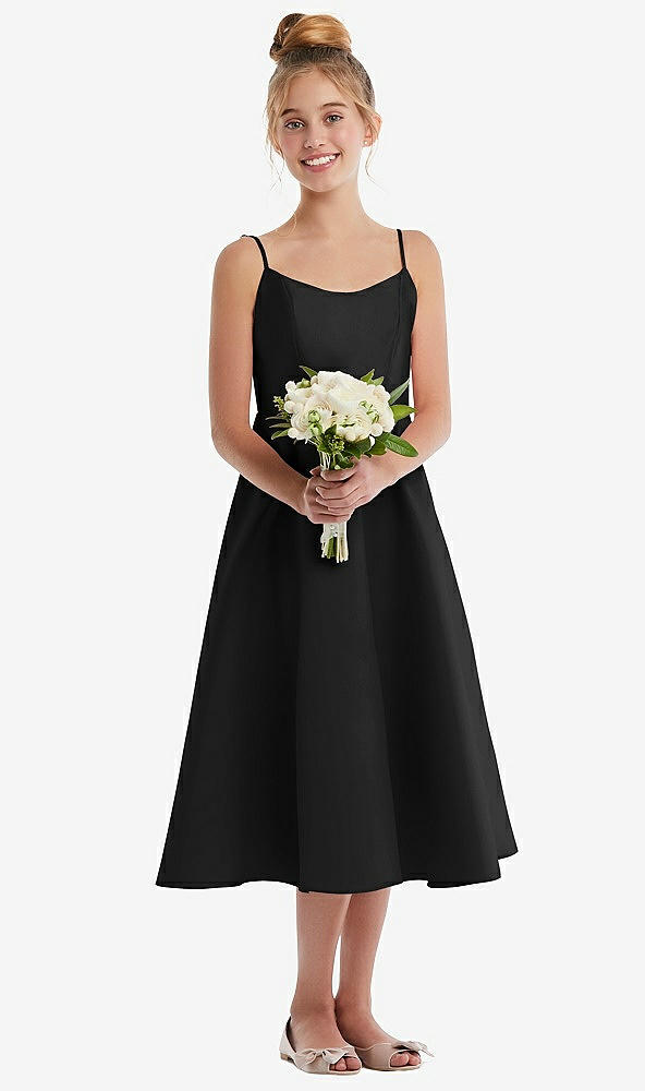 Front View - Black Adjustable Spaghetti Strap Satin Midi Junior Bridesmaid Dress