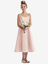 Front View Thumbnail - Blush Adjustable Spaghetti Strap Satin Midi Junior Bridesmaid Dress