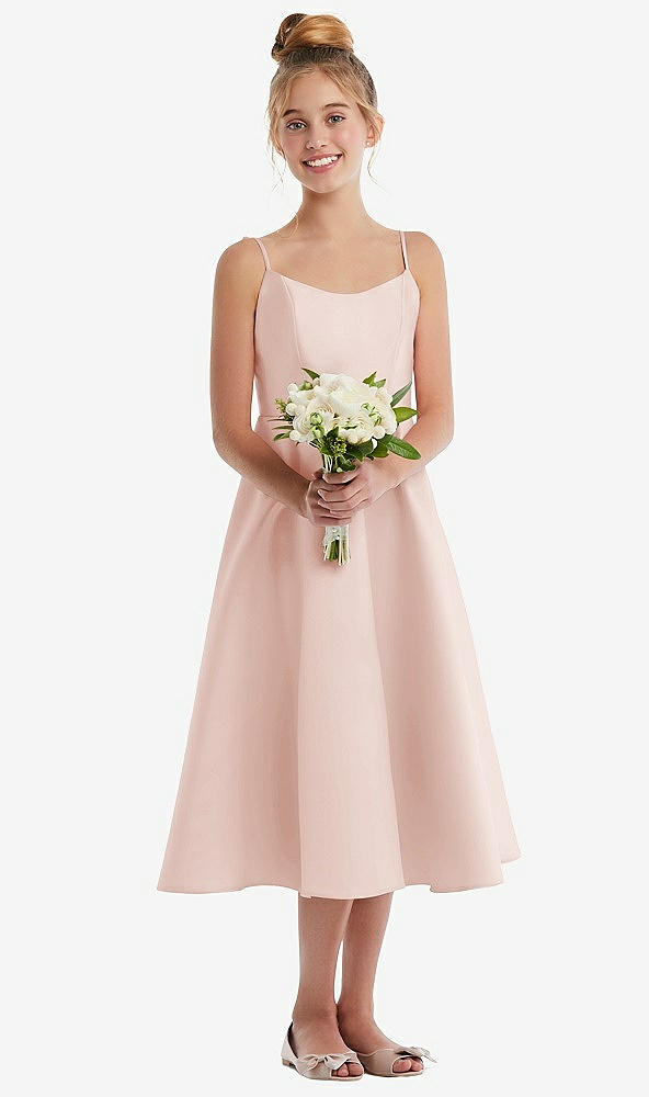 Front View - Blush Adjustable Spaghetti Strap Satin Midi Junior Bridesmaid Dress