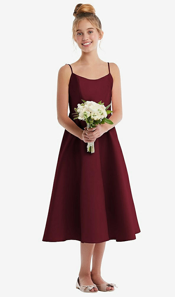 Front View - Cabernet Adjustable Spaghetti Strap Satin Midi Junior Bridesmaid Dress
