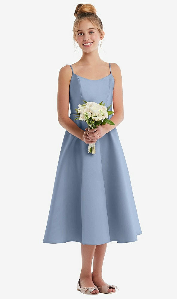 Front View - Cloudy Adjustable Spaghetti Strap Satin Midi Junior Bridesmaid Dress