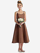 Front View Thumbnail - Cognac Adjustable Spaghetti Strap Satin Midi Junior Bridesmaid Dress