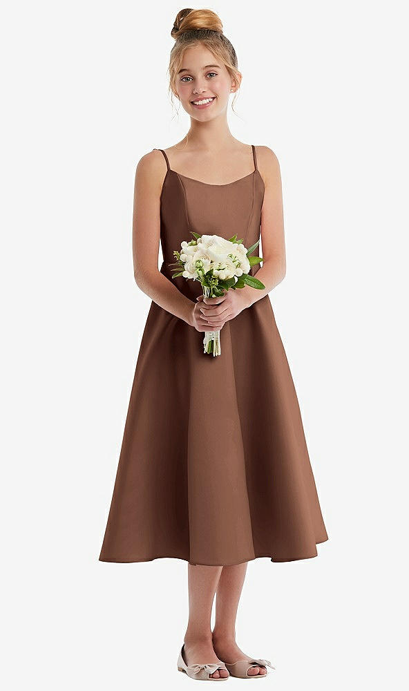 Front View - Cognac Adjustable Spaghetti Strap Satin Midi Junior Bridesmaid Dress