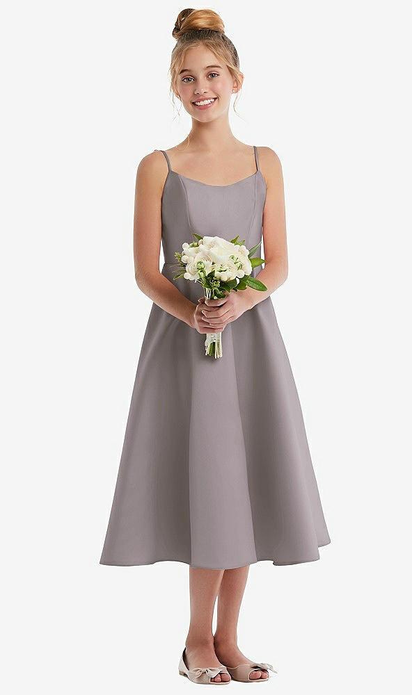Front View - Cashmere Gray Adjustable Spaghetti Strap Satin Midi Junior Bridesmaid Dress