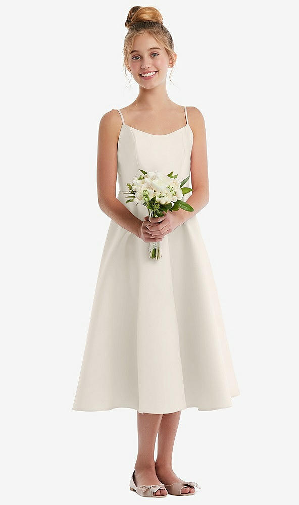 Front View - Ivory Adjustable Spaghetti Strap Satin Midi Junior Bridesmaid Dress