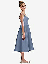 Side View Thumbnail - Larkspur Blue Adjustable Spaghetti Strap Satin Midi Junior Bridesmaid Dress