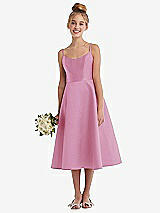 Alt View 1 Thumbnail - Powder Pink Adjustable Spaghetti Strap Satin Midi Junior Bridesmaid Dress