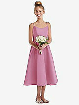 Front View Thumbnail - Powder Pink Adjustable Spaghetti Strap Satin Midi Junior Bridesmaid Dress